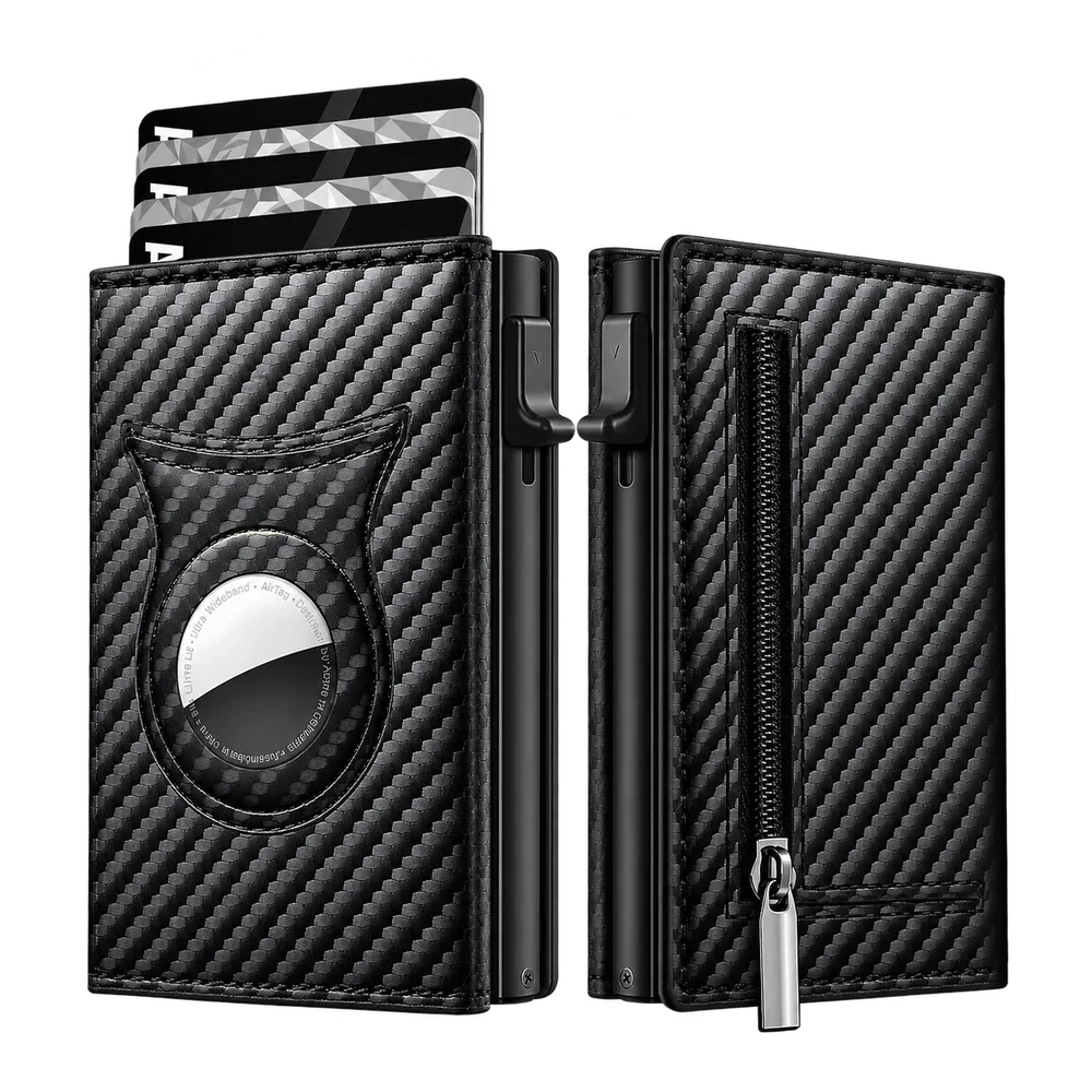 Porte-cartes noir effet carbone, vues avant et arrière