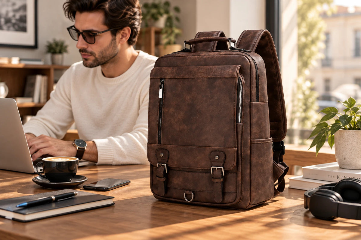 Sac à dos marron organisé pour le travail avec ordinateur et essentiels du quotidien