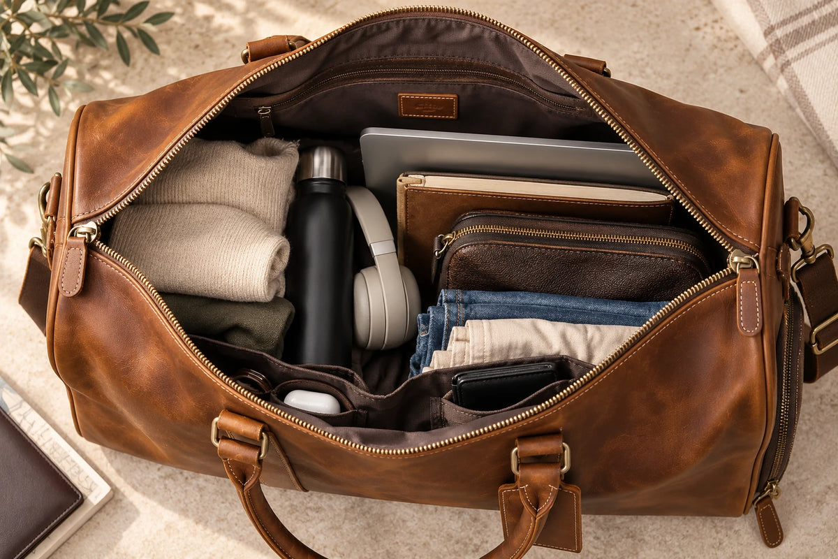 Intérieur spacieux d’un sac de voyage cognac ouvert avec affaires de week-end