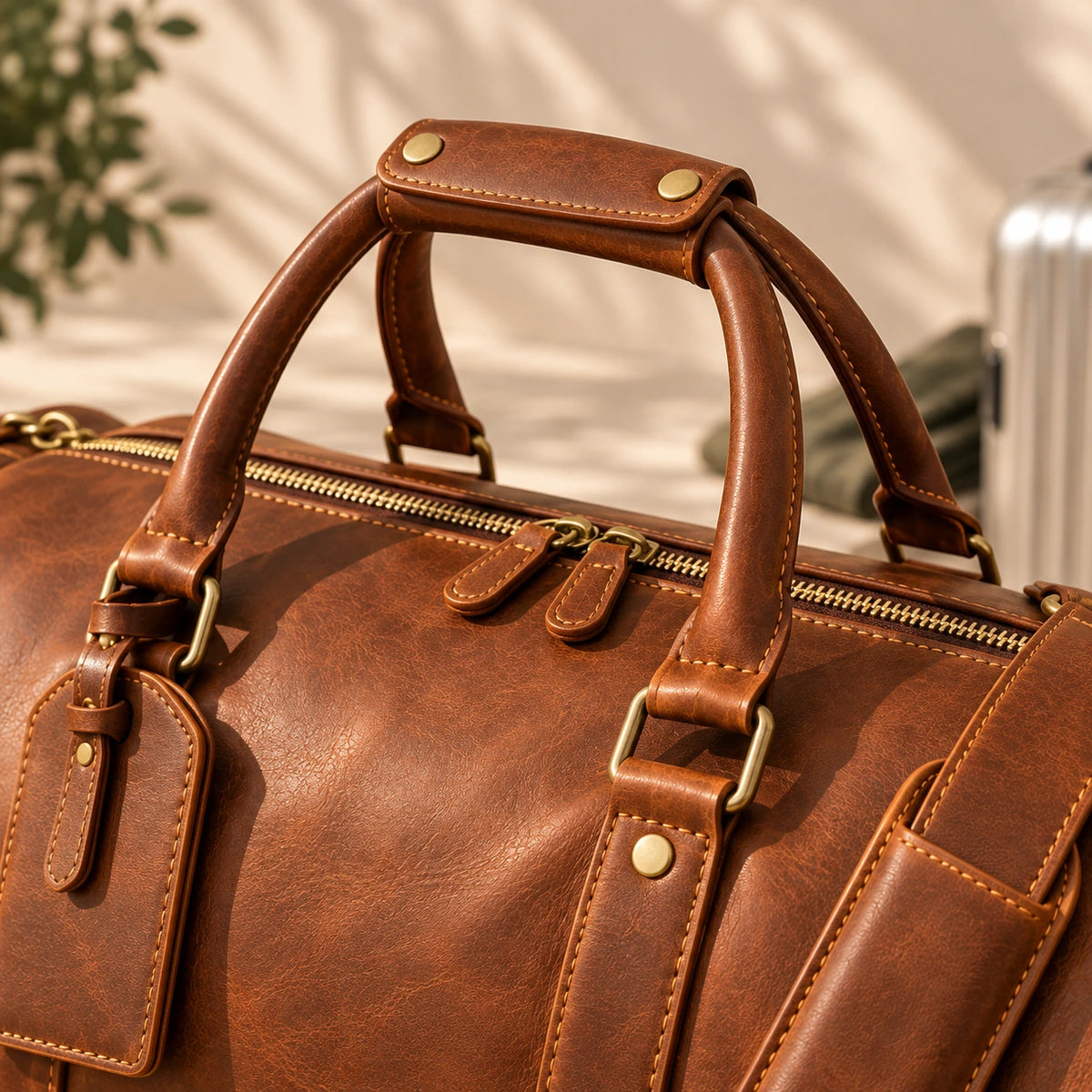 Détail des poignées et finitions d’un sac de voyage marron