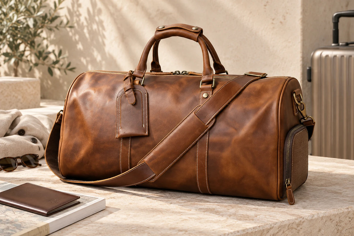 Sac de voyage cognac posé dans un décor premium