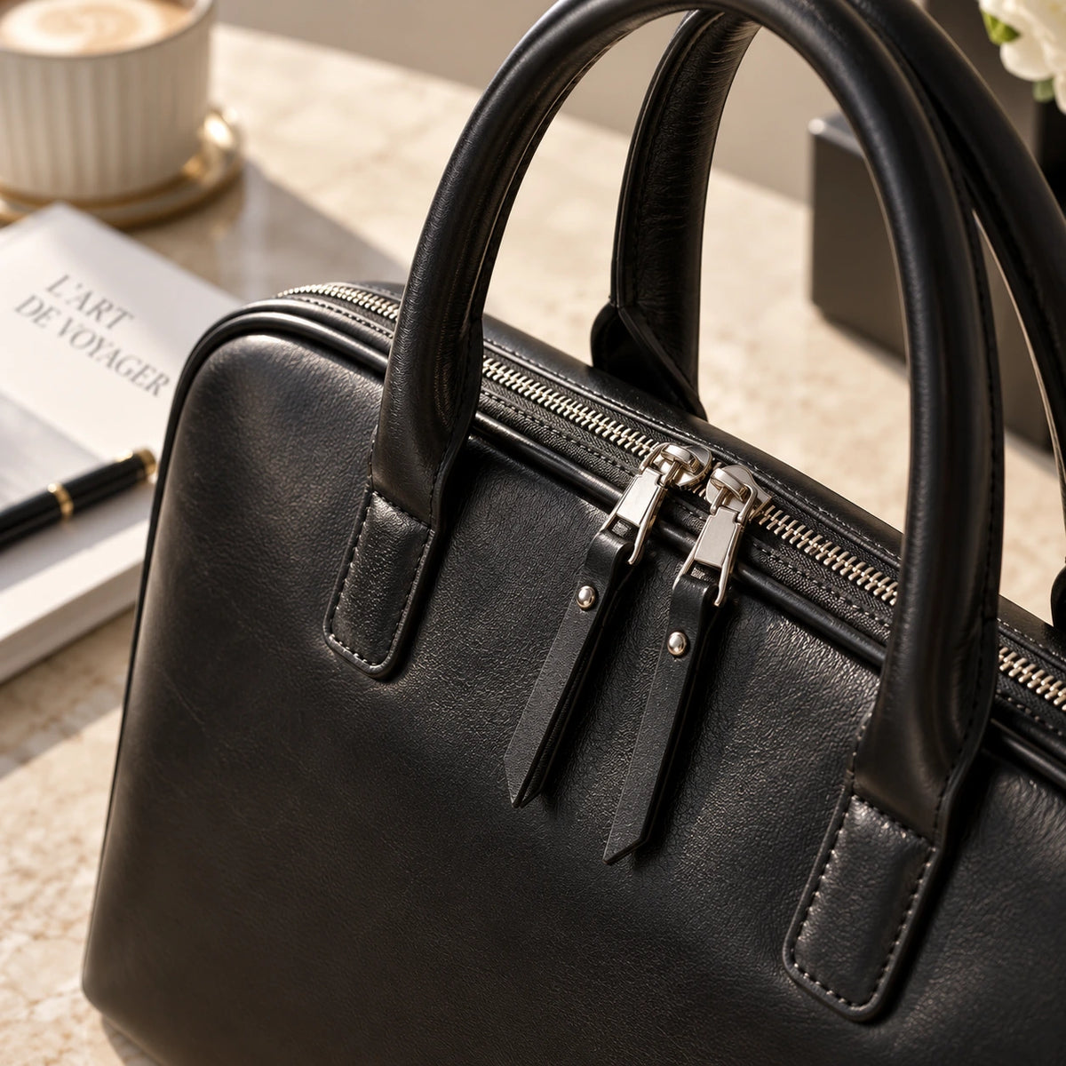 Détail des poignées et fermetures d’un sac ordinateur noir