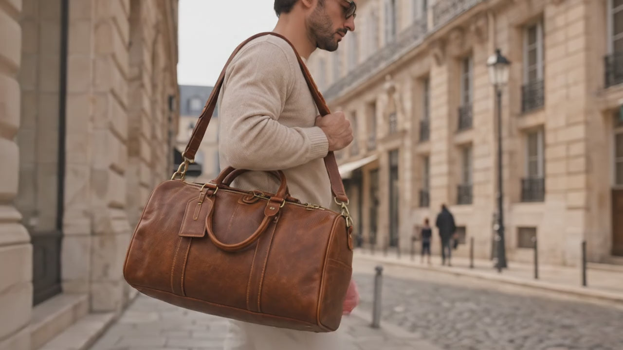 Sac de voyage marron porté à l’épaule avec bandoulière