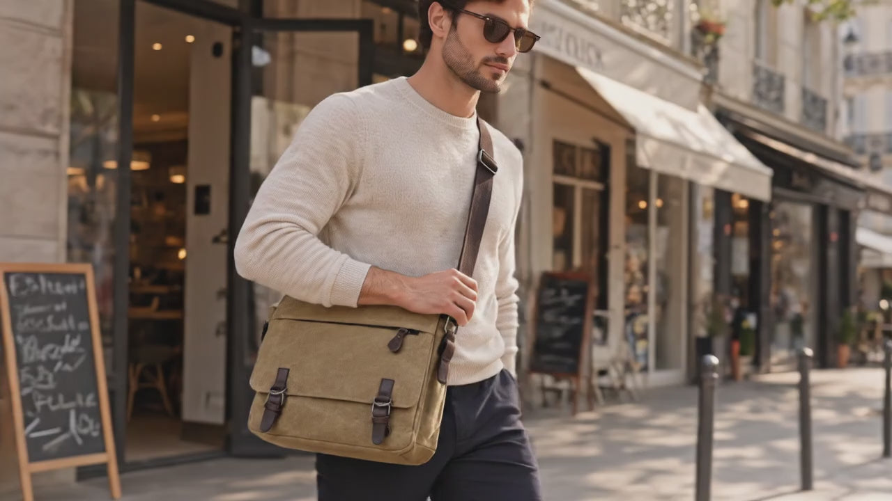 Homme portant un sac bandoulière beige en ville