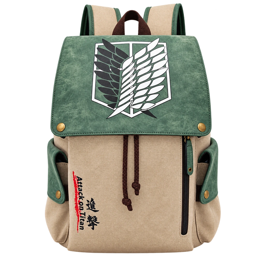 Sac à dos homme en toile beige et vert, vue de face