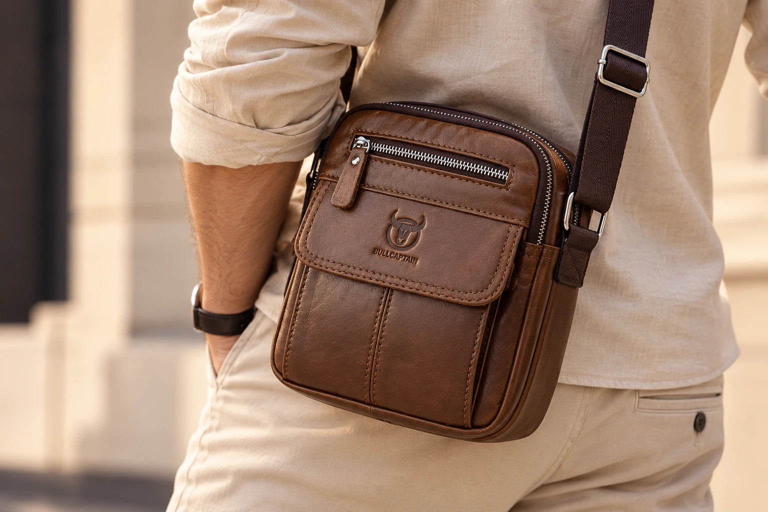 Sacoche homme à bandoulière ajustable portée en travers